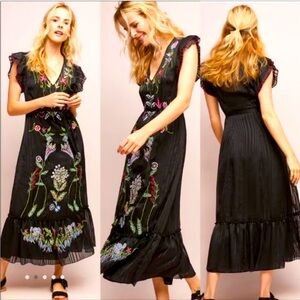 Anthropologie Not so Serious Corsica Floral Embroidered Black Dress